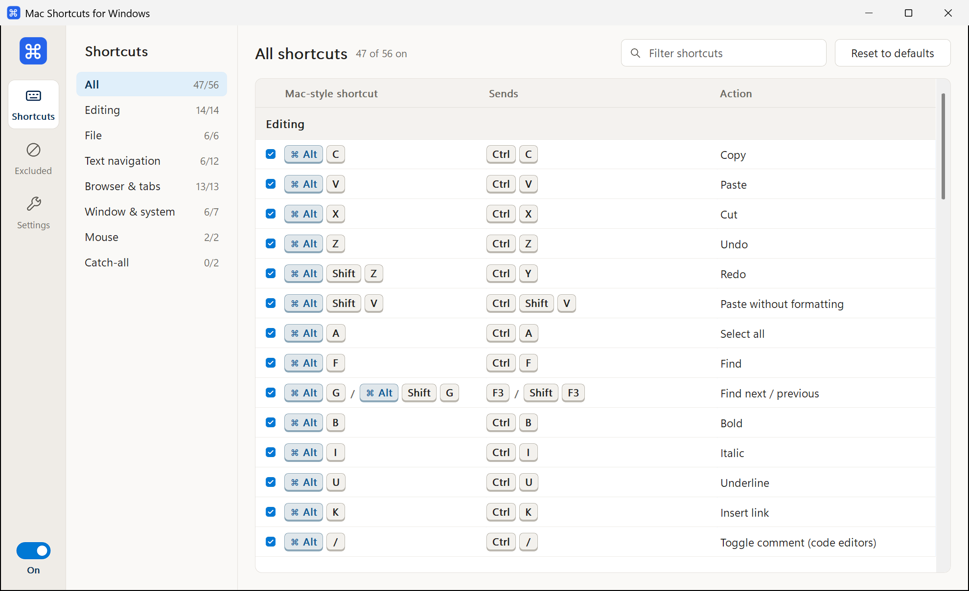 The Shortcuts page, listing Mac-style shortcuts such as Alt+C next to what they send, such as Ctrl+C